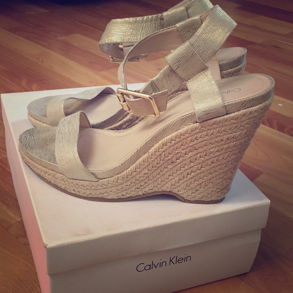Calvin Klein Gold Espadrille Wedges size 10
